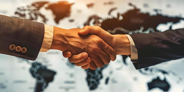 To forretningspersoner håndhilser foran et verdenskart.